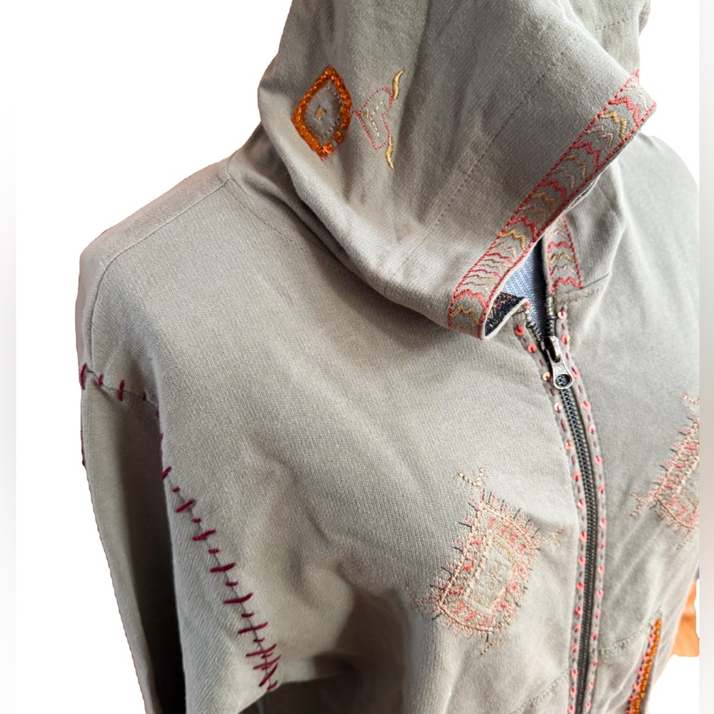 Embroidered Embellished Lightweight Zip Up Jacket With Hood Pockets - Picture 2 of 11